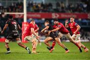 31 May 2025; Jordan Hendrikse of Hollywoodbets Sharks is tackled by Jean Kleyn of Munster during the United Rugby Championship quarter-final match between Hollywoodbets Sharks and Munster at Kings Park Stadium in Durban, South Africa. Photo by Shaun Roy/Sportsfile