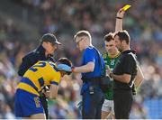 31 May 2025; Referee Paul Faloon shows a yellow card to Niall Higgins of Roscommon during the GAA Football All-Ireland Senior Championship Round 2 match between Roscommon and Meath at King & Moffatt Dr Hyde Park in Roscommon. Photo by Tom Beary/Sportsfile