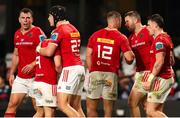 31 May 2025; Diarmuid Kilgallen of Munster is congratulated by Alex Nankivell of Munster for scoring Munster’s third try during the United Rugby Championship quarter-final match between Hollywoodbets Sharks and Munster at Kings Park Stadium in Durban, South Africa. Photo by Shaun Roy/Sportsfile
