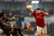 31 May 2025; Jean Kleyn of Munster attempts to charge down Jaden Hendrikse of Hollywoodbets Sharks kick during the United Rugby Championship quarter-final match between Hollywoodbets Sharks and Munster at Kings Park Stadium in Durban, South Africa. Photo by Shaun Roy/Sportsfile
