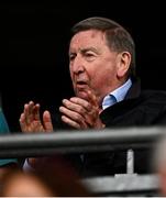 1 June 2025; Fermanagh supporter Fr Brian D'Arcy CP OBE, on his 80th birthday, applauds a score during the Tailteann Cup match between Fermanagh and Wexford at Croke Park in Dublin. Photo by Ray McManus/Sportsfile