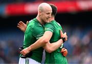 1 June 2025; Lee Cullen, left, and Fionan O'Brien of Fermanagh celebrate after the Tailteann Cup match between Fermanagh and Wexford at Croke Park in Dublin. Photo by Ray McManus/Sportsfile