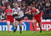 1 June 2025; John Maher of Galway is fouled by Ciarán McFaul of Derry during the GAA Football All-Ireland Senior Championship Round 2 match between Derry and Galway at Celtic Park in Derry. Photo by Piaras Ó Mídheach/Sportsfile