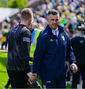 1 June 2025; Cavan manager Raymond Galligan shakes hands with a member of the Donegal backroom team after the GAA Football All-Ireland Senior Championship Round 2 match between Cavan and Donegal at Kingspan Breffni in Cavan. Photo by Brendan Moran/Sportsfile
