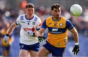 1 June 2025; Aaron Griffin of Clare in action against Dylan Byrne of Monaghan during the GAA Football All-Ireland Senior Championship Round 2 match between Monaghan and Clare at St Tiernach’s Park in Clones, Monaghan. Photo by Michael P Ryan/Sportsfile