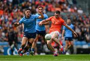 1 June 2025; Oisin Conaty of Armagh in action against Theo Clancy of Dublin during the GAA Football All-Ireland Senior Championship Round 2 match between Dublin and Armagh at Croke Park in Dublin. Photo by Daire Brennan/Sportsfile