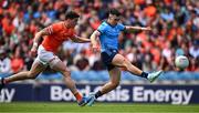 1 June 2025; Lorcan O'Dell of Dublin in action against Rory Grugan of Armagh during the GAA Football All-Ireland Senior Championship Round 2 match between Dublin and Armagh at Croke Park in Dublin. Photo by Ray McManus/Sportsfile