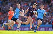 1 June 2025; Armagh goalkeeper Ethan Rafferty with Paddy Small of Dublin in persuit as he runs through to score a point during the GAA Football All-Ireland Senior Championship Round 2 match between Dublin and Armagh at Croke Park in Dublin. Photo by Ray McManus/Sportsfile