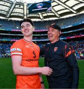 1 June 2025; Armagh coach Kieran Donaghy celebrates with Ben Crealey after the GAA Football All-Ireland Senior Championship Round 2 match between Dublin and Armagh at Croke Park in Dublin. Photo by Ray McManus/Sportsfile