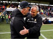 1 June 2025; Monaghan manager Gabriel Bannigan, left, shakes hands with Clare manager Peter Keane after the GAA Football All-Ireland Senior Championship Round 2 match between Monaghan and Clare at St Tiernach’s Park in Clones, Monaghan. Photo by Michael P Ryan/Sportsfile