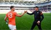 1 June 2025; Armagh coach Kieran Donaghy celebrates with Rian O'Neill after the GAA Football All-Ireland Senior Championship Round 2 match between Dublin and Armagh at Croke Park in Dublin. Photo by Dáire Brennan/Sportsfile