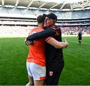 1 June 2025; Armagh coach Kieran Donaghy celebrates with Rian O'Neill after the GAA Football All-Ireland Senior Championship Round 2 match between Dublin and Armagh at Croke Park in Dublin. Photo by Dáire Brennan/Sportsfile