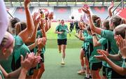 2 June 2025; Louise Quinn is given a guard of honour by team-mates following a Republic of Ireland women's media conference at Páirc Uí Chaoimh in Cork. Photo by Stephen McCarthy/Sportsfile