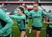 2 June 2025; Marissa Sheva, left, and Chloe Mustaki during a Republic of Ireland women's training session at Páirc Uí Chaoimh in Cork. Photo by Stephen McCarthy/Sportsfile