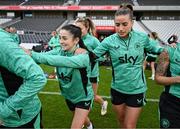 2 June 2025; Marissa Sheva, left, and Chloe Mustaki during a Republic of Ireland women's training session at Páirc Uí Chaoimh in Cork. Photo by Stephen McCarthy/Sportsfile