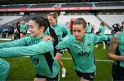 2 June 2025; Marissa Sheva, left, and Chloe Mustaki during a Republic of Ireland women's training session at Páirc Uí Chaoimh in Cork. Photo by Stephen McCarthy/Sportsfile