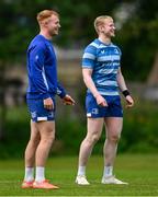 2 June 2025; Ciarán Frawley, left, and Jamie Osborne during a Leinster Rugby squad training session at UCD in Dublin. Photo by Shauna Clinton/Sportsfile