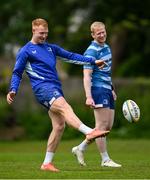 2 June 2025; Ciarán Frawley, left, and Jamie Osborne during a Leinster Rugby squad training session at UCD in Dublin. Photo by Shauna Clinton/Sportsfile