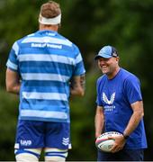 2 June 2025; Senior coach Jacques Nienaber, right, speaks with RG Snyman during a Leinster Rugby squad training session at UCD in Dublin. Photo by Shauna Clinton/Sportsfile