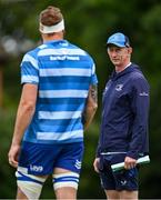 2 June 2025; Head coach Leo Cullen, right, speaks with RG Snyman during a Leinster Rugby squad training session at UCD in Dublin. Photo by Shauna Clinton/Sportsfile