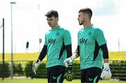 2 June 2025; Goalkeepers Max O'Leary, left, and Josh Keeley during a Republic of Ireland training session at the FAI National Training Centre in Abbotstown, Dublin. Photo by Seb Daly/Sportsfile