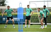 2 June 2025; Players, from left, Nathan Collins, Jake O'Brien, Dara O'Shea and Andrew Omobamidele during a Republic of Ireland training session at the FAI National Training Centre in Abbotstown, Dublin. Photo by Seb Daly/Sportsfile