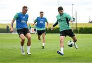 2 June 2025; Robbie Brady, right, and Killian Phillips during a Republic of Ireland training session at the FAI National Training Centre in Abbotstown, Dublin. Photo by Seb Daly/Sportsfile