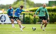 2 June 2025; Andy Moran, left, and Will Smallbone during a Republic of Ireland training session at the FAI National Training Centre in Abbotstown, Dublin. Photo by Seb Daly/Sportsfile