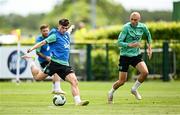 2 June 2025; Andy Moran, left, and Will Smallbone during a Republic of Ireland training session at the FAI National Training Centre in Abbotstown, Dublin. Photo by Seb Daly/Sportsfile