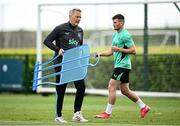 2 June 2025; Head coach Heimir Hallgrimsson, left, and Josh Honohan during a Republic of Ireland training session at the FAI National Training Centre in Abbotstown, Dublin. Photo by Seb Daly/Sportsfile