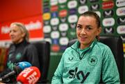 2 June 2025; Katie McCabe and head coach Carla Ward during a Republic of Ireland women's media conference at Páirc Uí Chaoimh in Cork. Photo by Stephen McCarthy/Sportsfile