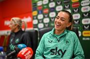 2 June 2025; Katie McCabe and head coach Carla Ward during a Republic of Ireland women's media conference at Páirc Uí Chaoimh in Cork. Photo by Stephen McCarthy/Sportsfile