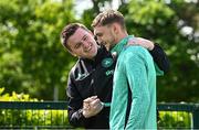 2 June 2025; Jack Taylor with communications manager Kieran Crowley during a Republic of Ireland training session at the FAI National Training Centre in Abbotstown, Dublin. Photo by Seb Daly/Sportsfile