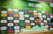 2 June 2025; Goalkeeper Max O'Leary during a Republic of Ireland media conference at the FAI Headquarters in Abbotstown, Dublin. Photo by Seb Daly/Sportsfile