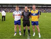 1 June 2025; Referee Jerome Henry with team captains Mícheál Bannigan of Monaghan, left, and Eoin Cleary of Clare before the GAA Football All-Ireland Senior Championship Round 2 match between Monaghan and Clare at St Tiernach’s Park in Clones, Monaghan. Photo by Michael P Ryan/Sportsfile