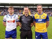 1 June 2025; Referee Jerome Henry with team captains Mícheál Bannigan of Monaghan, left, and Eoin Cleary of Clare before the GAA Football All-Ireland Senior Championship Round 2 match between Monaghan and Clare at St Tiernach’s Park in Clones, Monaghan. Photo by Michael P Ryan/Sportsfile