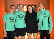 2 June 2025; Former Republic of Ireland international Clare Shine with Republic of Ireland players, from left, Chloe Mustaki, Katie McCabe and Megan Connolly at the team hotel in Cork ahead of their UEFA Women's Nations League B match against Slovenia at Páirc Uí Chaoimh in Cork on Tuesday. Photo by Stephen McCarthy/Sportsfile