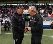1 June 2025; Monaghan manager Gabriel Bannigan, left, shakes hands with Clare manager Peter Keane after the GAA Football All-Ireland Senior Championship Round 2 match between Monaghan and Clare at St Tiernach’s Park in Clones, Monaghan. Photo by Michael P Ryan/Sportsfile