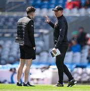 1 June 2025; Jarly Óg Burns of Armagh in conversation with coach Kieran Donaghy, right, before the GAA Football All-Ireland Senior Championship Round 2 match between Dublin and Armagh at Croke Park in Dublin. Photo by Ray McManus/Sportsfile