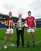 3 June 2025; Comhairle Laighean Derek Kent, centre, with Adrian Mullen of Kilkenny, left, and Cathal Mannon of Galway during a Leinster GAA Senior Hurling Championship Final preview media event at Croke Park in Dublin. Photo by Tyler Miller/Sportsfile