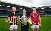3 June 2025; Comhairle Laighean Derek Kent, centre, with Adrian Mullen of Kilkenny, left, and Cathal Mannon of Galway during a Leinster GAA Senior Hurling Championship Final preview media event at Croke Park in Dublin. Photo by Tyler Miller/Sportsfile
