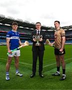 3 June 2025; Ard Stiúrthóir Tom Ryan, centre, with David Dooley of Laois, left, and Paddy McKenna of Kildare during a Joe McDonagh Cup Final media day at Croke Park in Dublin. Photo by Tyler Miller/Sportsfile