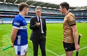 3 June 2025; Ard Stiúrthóir Tom Ryan, centre, with David Dooley of Laois, left, and Paddy McKenna of Kildare during a Joe McDonagh Cup Final media day at Croke Park in Dublin. Photo by Tyler Miller/Sportsfile