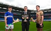 3 June 2025; Ard Stiúrthóir Tom Ryan, centre, with David Dooley of Laois, left, and Paddy McKenna of Kildare during a Joe McDonagh Cup Final media day at Croke Park in Dublin. Photo by Tyler Miller/Sportsfile