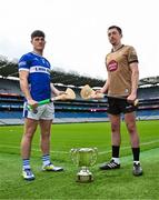 3 June 2025; David Dooley of Laois, left, and Paddy McKenna of Kildare during a Joe McDonagh Cup Final media day at Croke Park in Dublin. Photo by Tyler Miller/Sportsfile