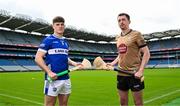 3 June 2025; David Dooley of Laois, left, and Paddy McKenna of Kildare during a Joe McDonagh Cup Final media day at Croke Park in Dublin. Photo by Tyler Miller/Sportsfile