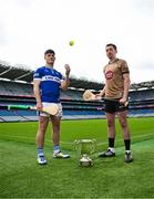 3 June 2025; David Dooley of Laois, left, and Paddy McKenna of Kildare during a Joe McDonagh Cup Final media day at Croke Park in Dublin. Photo by Tyler Miller/Sportsfile