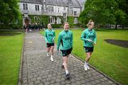 3 June 2025; Republic of Ireland players, from left, Chloe Mustaki, Emily Murphy and Ruesha Littlejohn during a pre-match walk near their team hotel ahead of the UEFA Women's Nations League B match between Republic of Ireland and Slovenia at Páirc Uí Chaoimh in Cork. Photo by Stephen McCarthy/Sportsfile