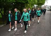 3 June 2025; Republic of Ireland players, from left, Marissa Sheva, Courtney Brosnan and Amber Barrett during a pre-match walk near their team hotel ahead of the UEFA Women's Nations League B match between Republic of Ireland and Slovenia at Páirc Uí Chaoimh in Cork. Photo by Stephen McCarthy/Sportsfile