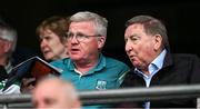 1 June 2025; Fermanagh GAA Youth Committee Chairman Eoghan Cassidy, left, with Fr Brian D'Arcy CP OBE, on his 80th birthday, during the Tailteann Cup match between Fermanagh and Wexford at Croke Park in Dublin. Photo by Ray McManus/Sportsfile